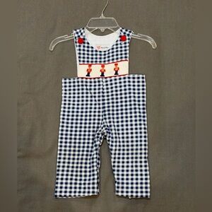 Chick and Chap Navy and White Gingham Smocked Overalls with Red Buttons